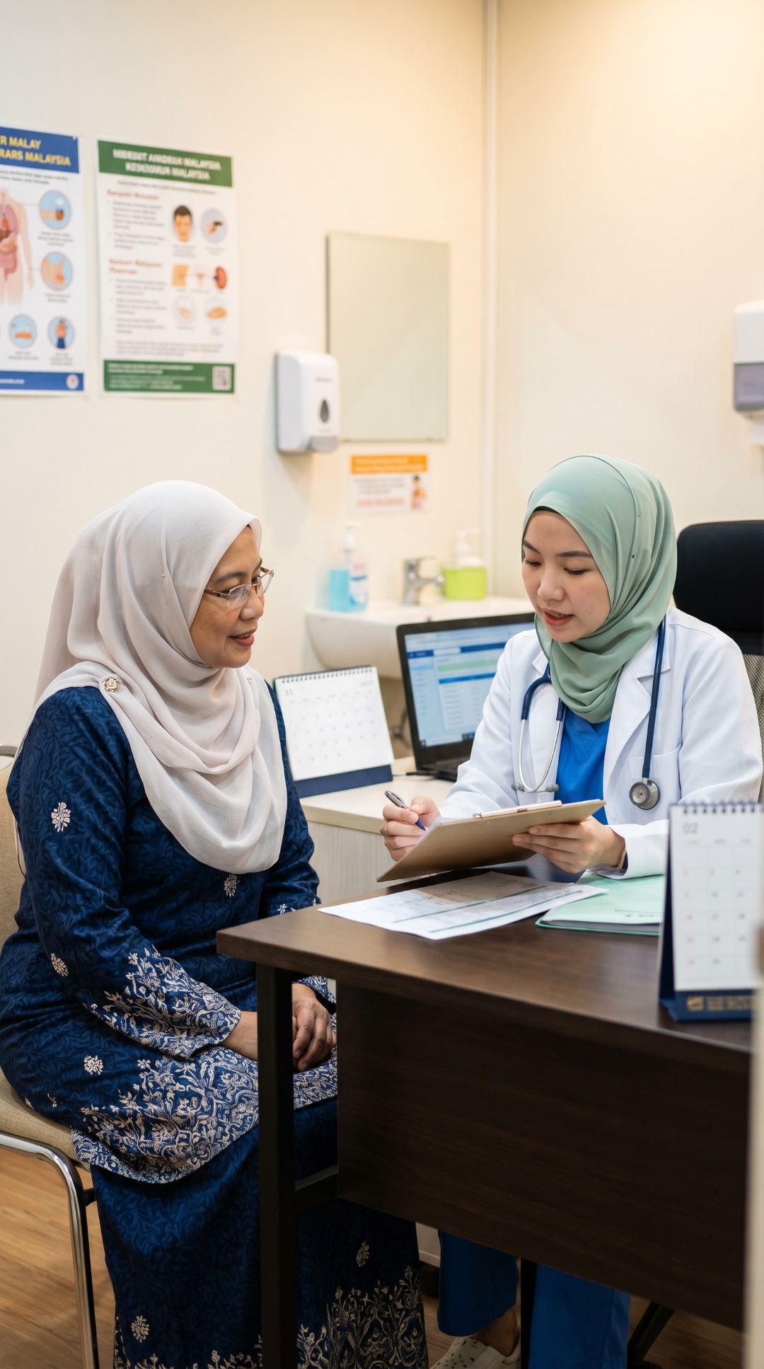 A clinician reviews Siti’s record with her during a consultation at her neighbourhood clinic
