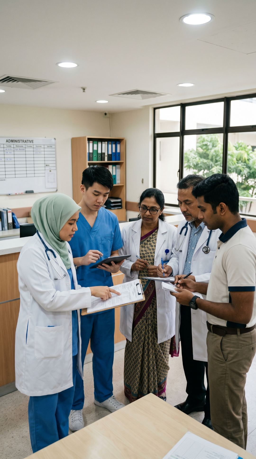 Hospital specialists discussing a referred patient’s notes on a ward round